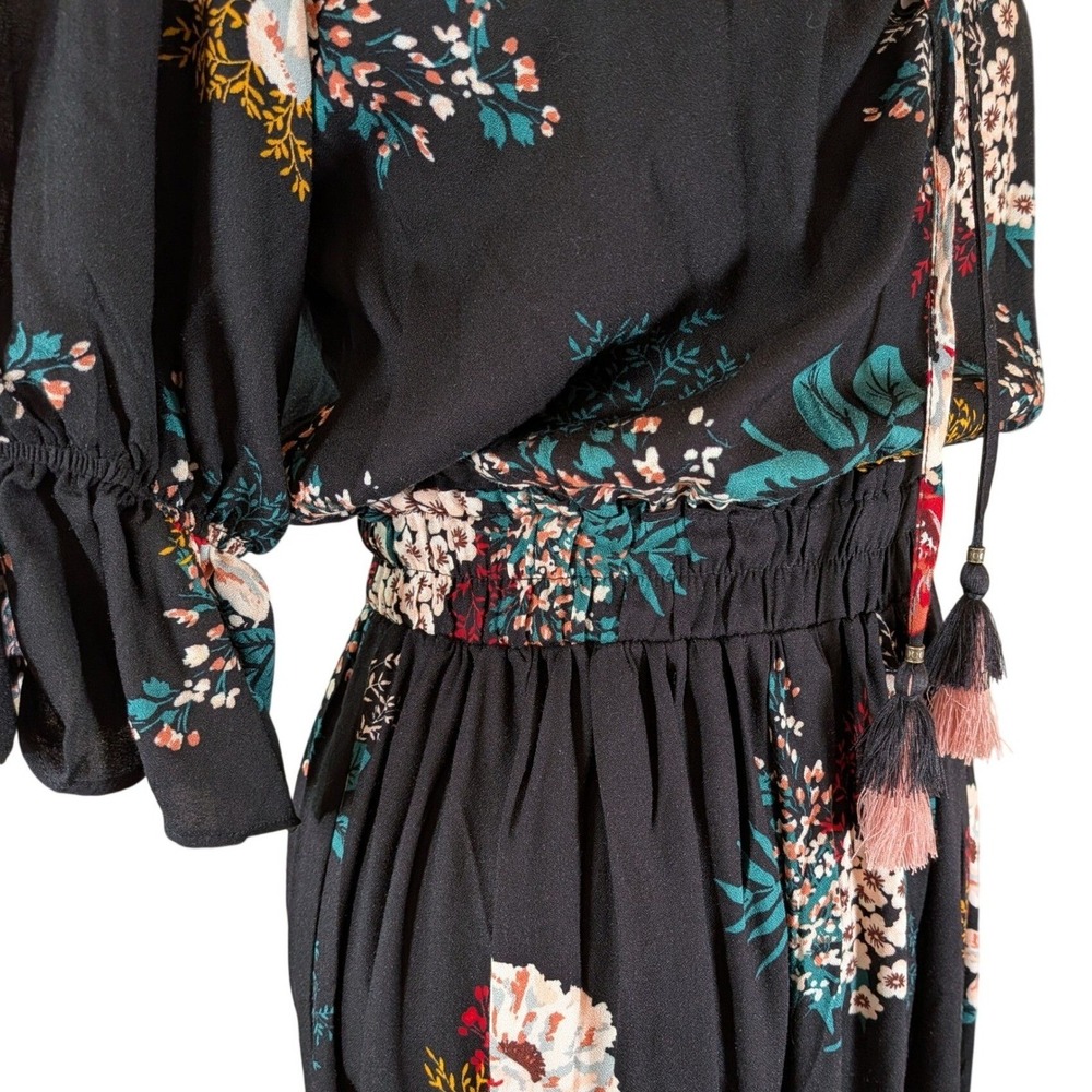 Lovestitch Floral Prairie Midi Dress Black Tassel Tie Boho Cottagecore Small - Picture 3 of 8
